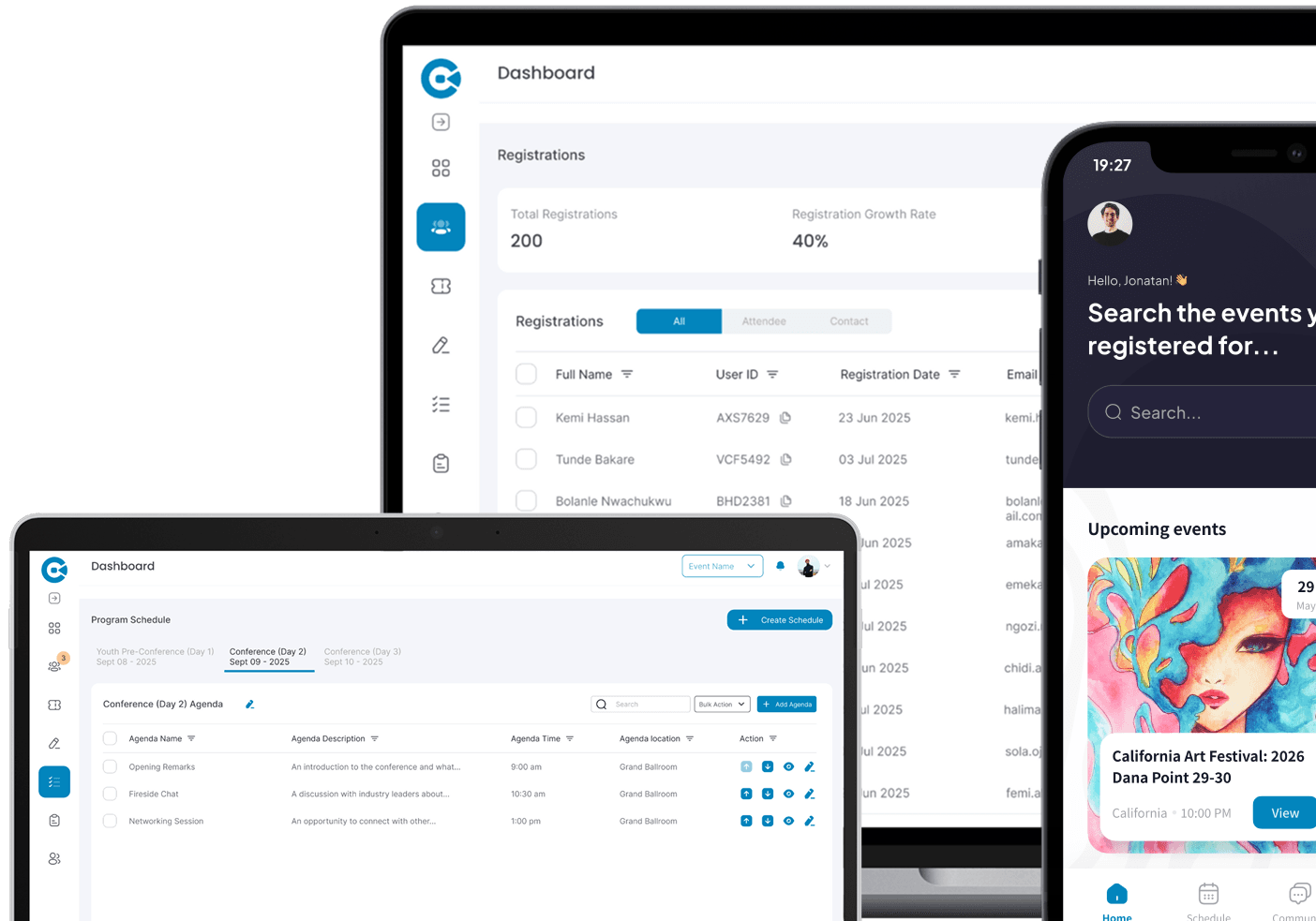 Onevie event management dashboard and attendee mobile app